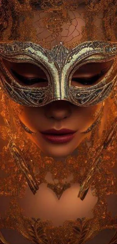 Intricate fantasy artwork of a golden mask with dark gilded designs.