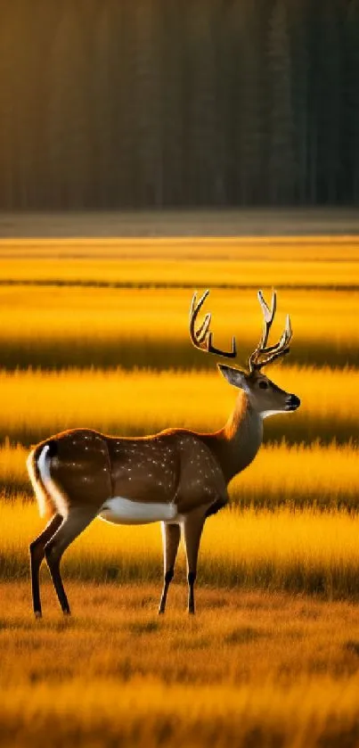 Deer standing in a golden meadow at sunset with a forest backdrop.