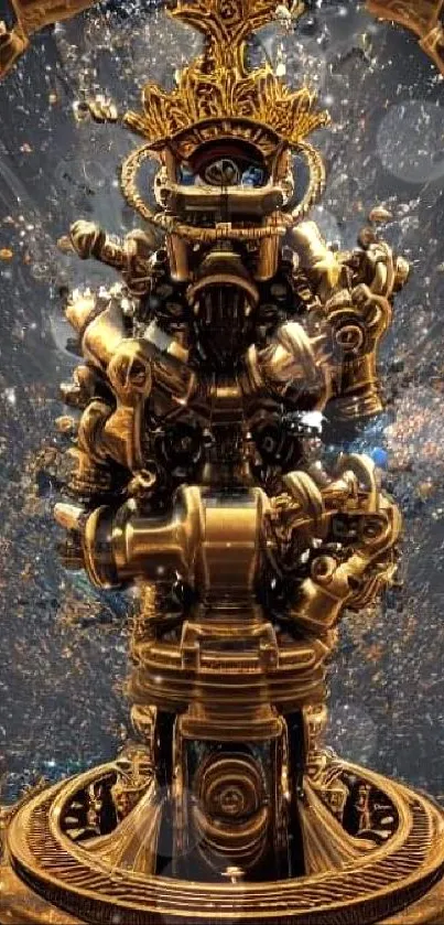 Intricate golden mechanical art with gears on black background.