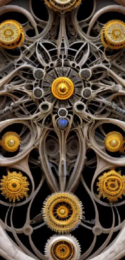 Intricate golden mechanical design wallpaper for mobile.