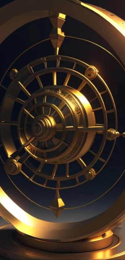 Golden mechanical art with futuristic gears on a dark background.