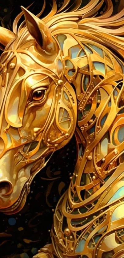 Golden mechanical horse with intricate design against a dark backdrop.