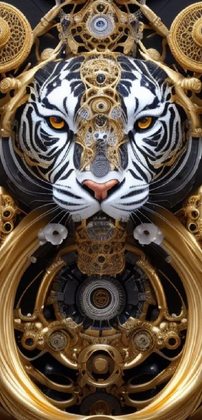 Mechanical tiger with gold gears and intricate design as mobile wallpaper.