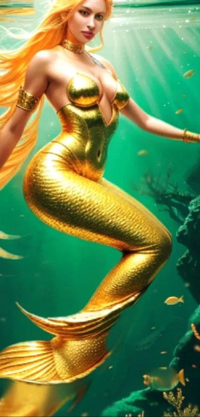 Golden mermaid fantasy wallpaper in vibrant underwater setting.