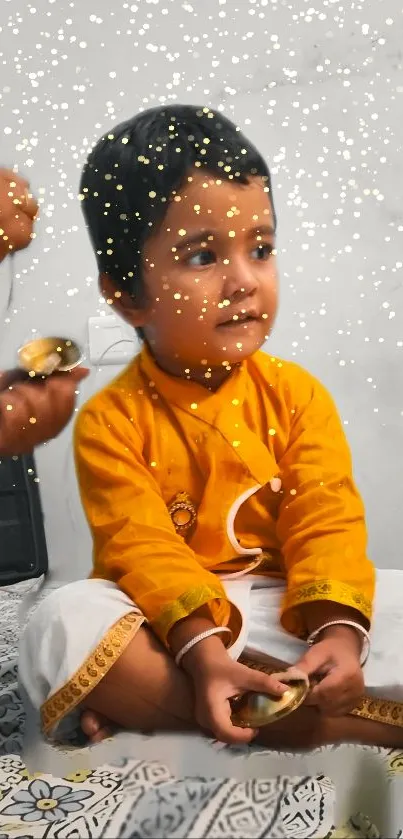 Young child in golden traditional attire with sparkling background.