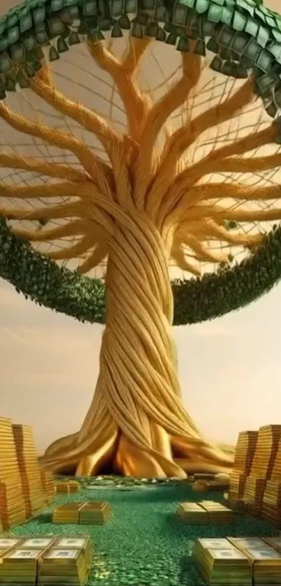 Fantasy golden money tree with stacked gold bars.