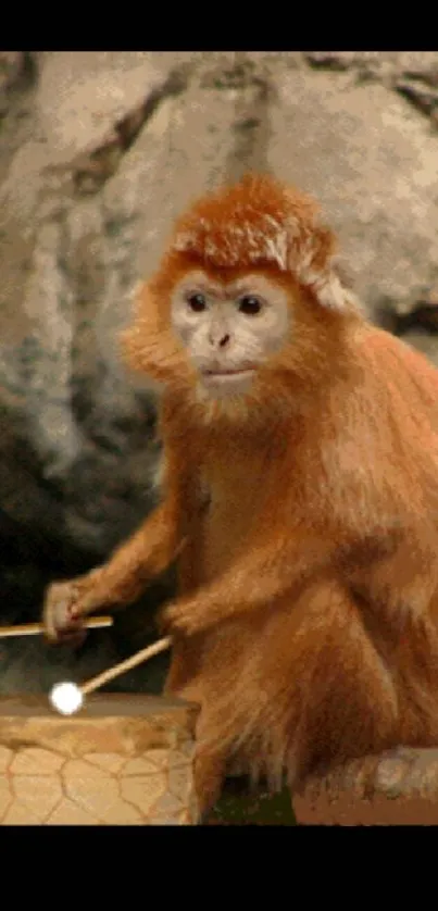 Golden monkey playing drums on a rock