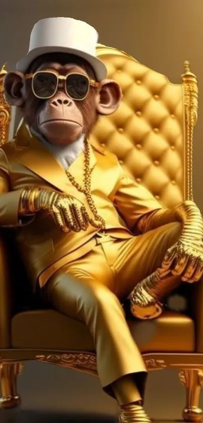 Monkey in gold suit seated on a golden throne.