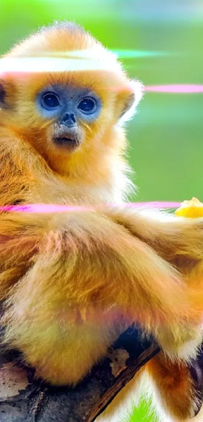 Golden monkey sitting on a tree branch with green background.