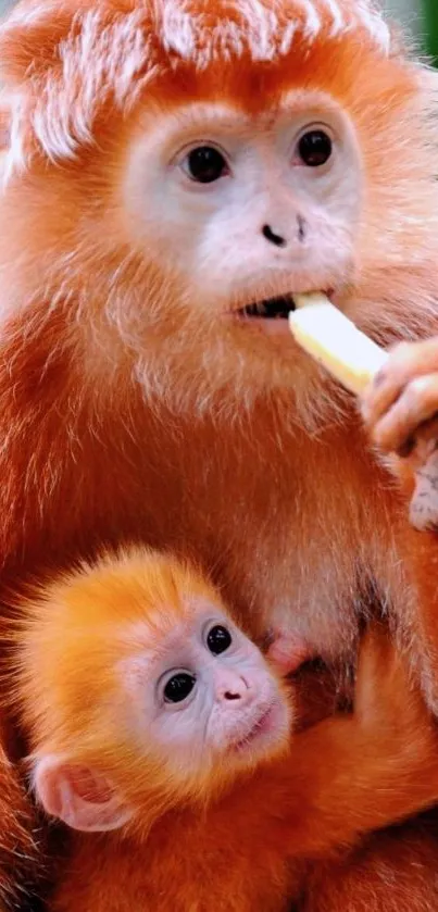 Golden monkeys with baby in a lush setting, perfect for mobile wallpaper.