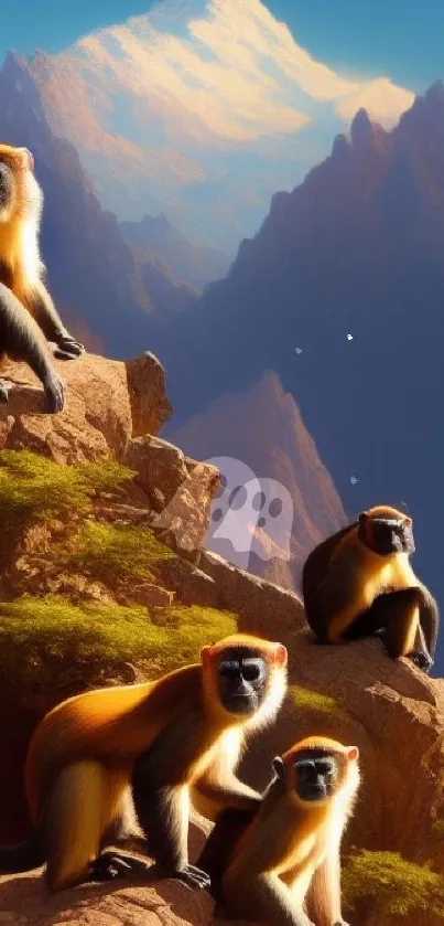 Golden monkeys sit on a cliff with a mountain backdrop.