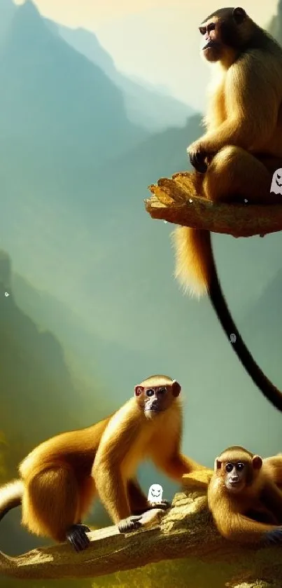 Golden monkeys perched on a scenic mountain backdrop, showcasing natural beauty.