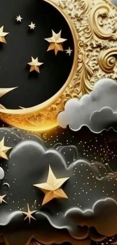 Golden moon and stars in clouds wallpaper art.