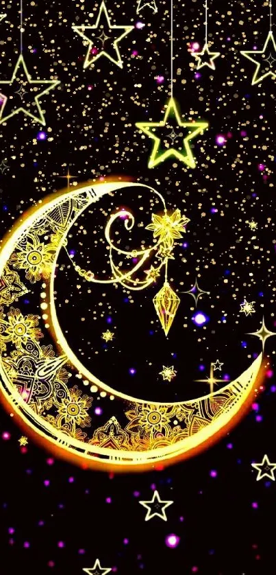 Golden crescent moon with stars on dark background.