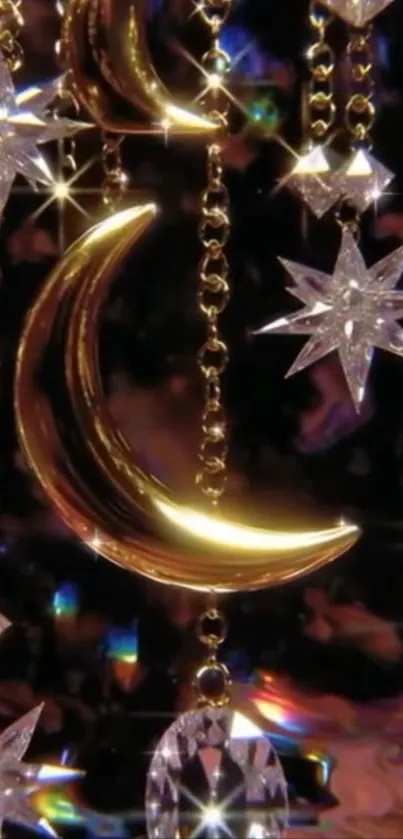 Golden crescent moon and stars mobile wallpaper.