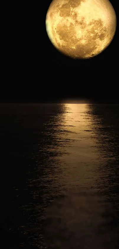 Golden moon reflecting over a calm ocean at night, creating a serene wallpaper.