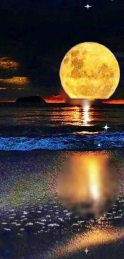 Golden moon reflecting over calm ocean waves at night.