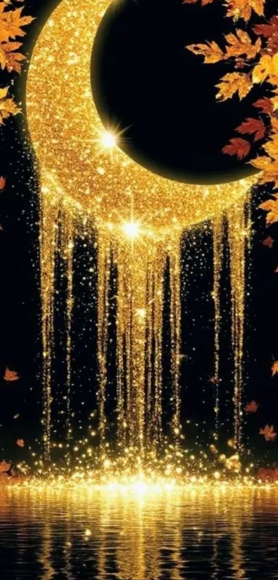 Golden moonlit scene with autumn leaves and shimmering light.