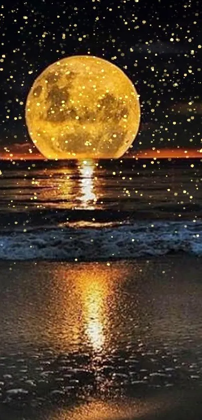 Golden full moon reflecting on a calm beach at night.