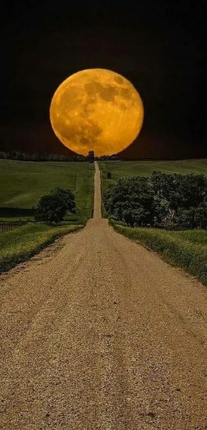 Country road under a golden full moon at night, scenic and tranquil.