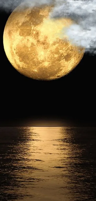 Golden full moon over ocean with night sky.