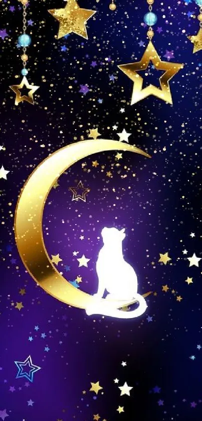 Cat sitting on a golden crescent moon against a purple night sky with stars.