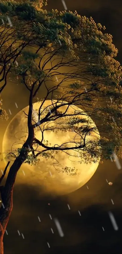 Tree silhouetted against a large golden moon, creating a mystical night scene.