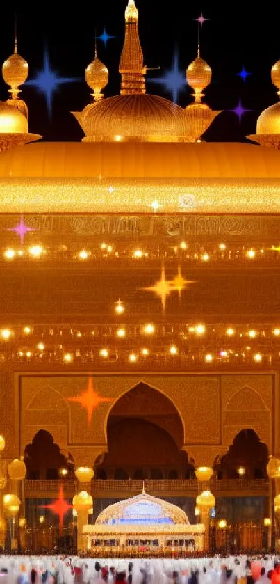 Illuminated mosque at night with golden hues and intricate details.