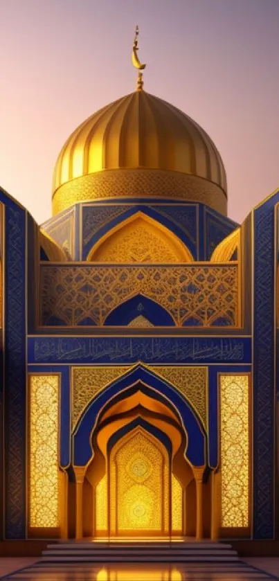 Golden mosque with intricate patterns and blue accents, creating a spiritual ambiance.