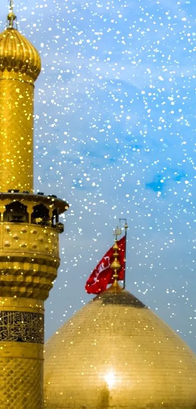 Golden dome and minaret mosque with a blue sky backdrop.