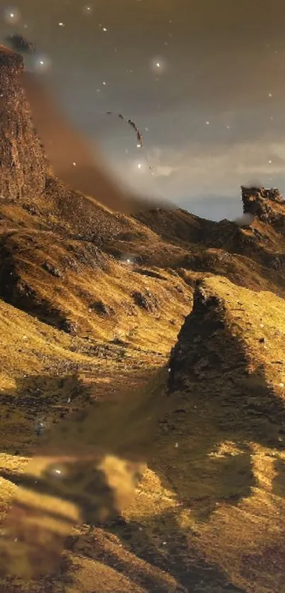 Golden mountain landscape with dramatic lighting for mobile wallpaper.