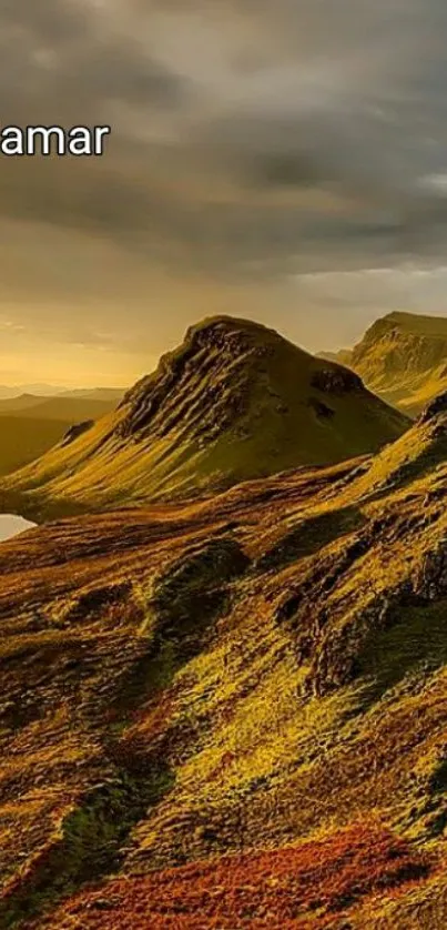 Golden mountain landscape with sunset hues.