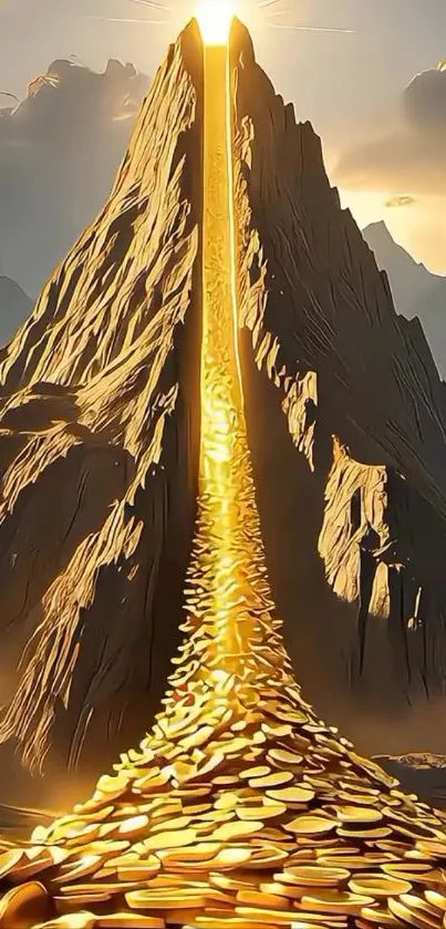 Golden pathway leading up a majestic mountain peak wallpaper.