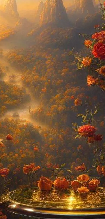 Golden mountain valley with flowers and sunset hues.