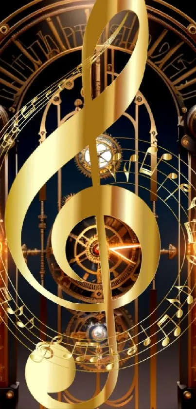 A golden treble clef over a classic steampunk clock design for mobile wallpaper.