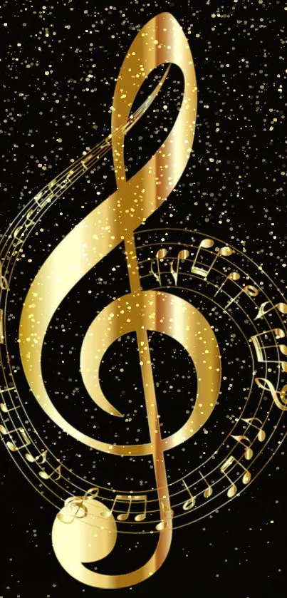 Golden musical note wallpaper with shimmering background.