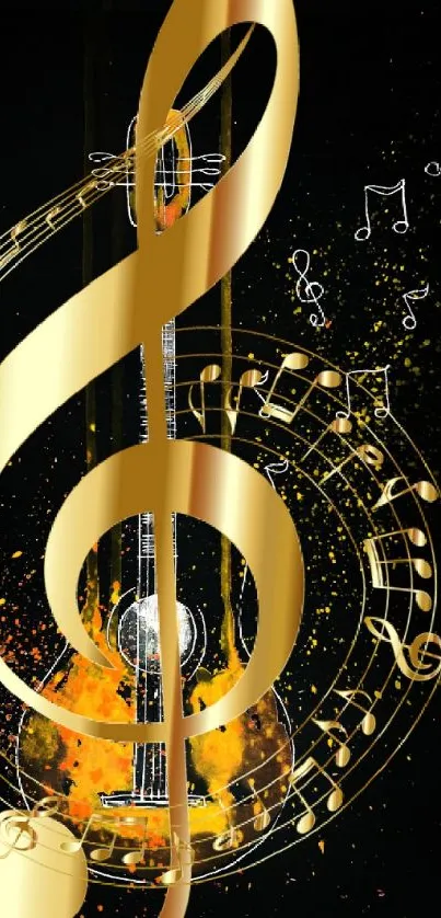 Gold musical notes on a black background wallpaper