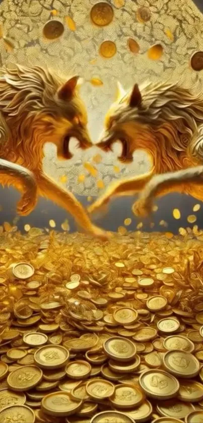 Mythical golden creatures over coins, fantasy art wallpaper.