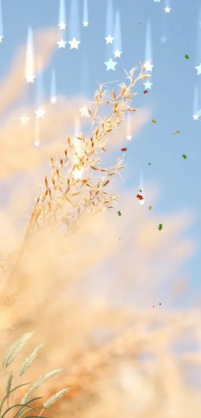 Golden grass with falling stars against a dreamy sky.