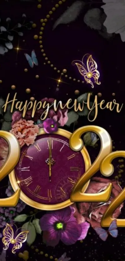 Elegant New Year 2022 wallpaper with gold and floral accents.