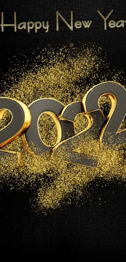 Golden 2022 design with glitter on black background.