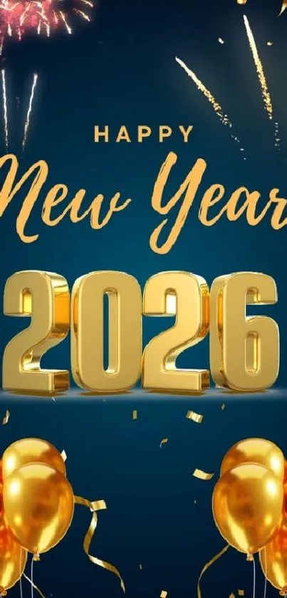 Golden balloons and fireworks for New Year 2026 celebration.