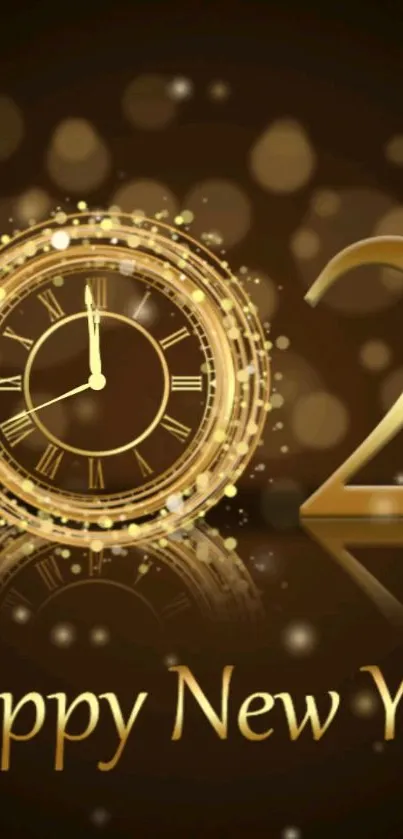 Elegant golden clock New Year wallpaper with festive design.