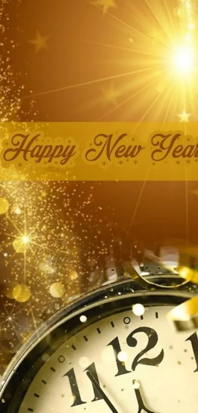 Golden New Year wallpaper with clock and sparkling lights.