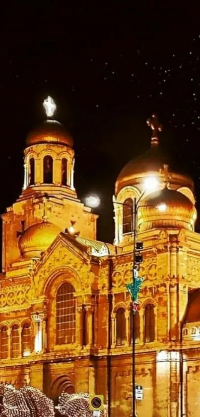 Golden illuminated cathedral at night with a starry sky backdrop.