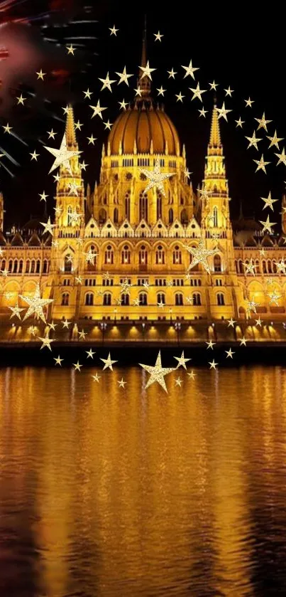 A golden cityscape with stars and fireworks over water.