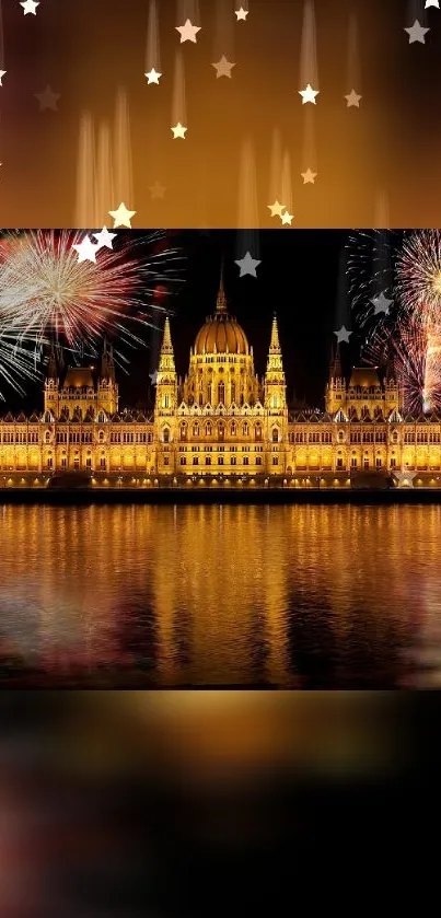 Golden cityscape with fireworks display illuminating the night sky.