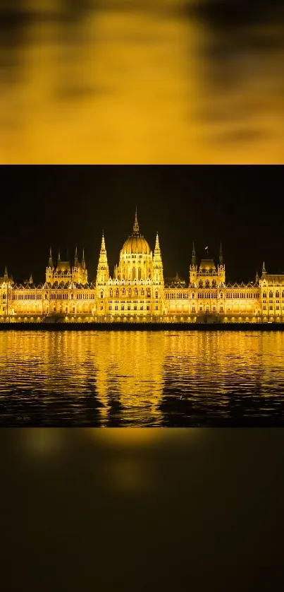 Golden cityscape wallpaper with night reflections on water.