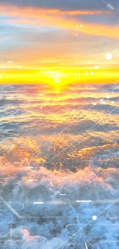 Digital artwork of a golden ocean sunrise with waves and a colorful sky.