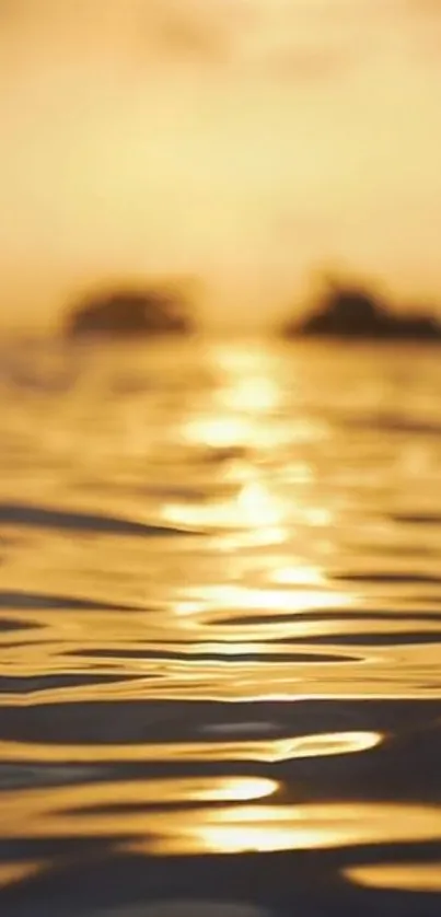 Golden sunset over ocean with rippling water reflection.